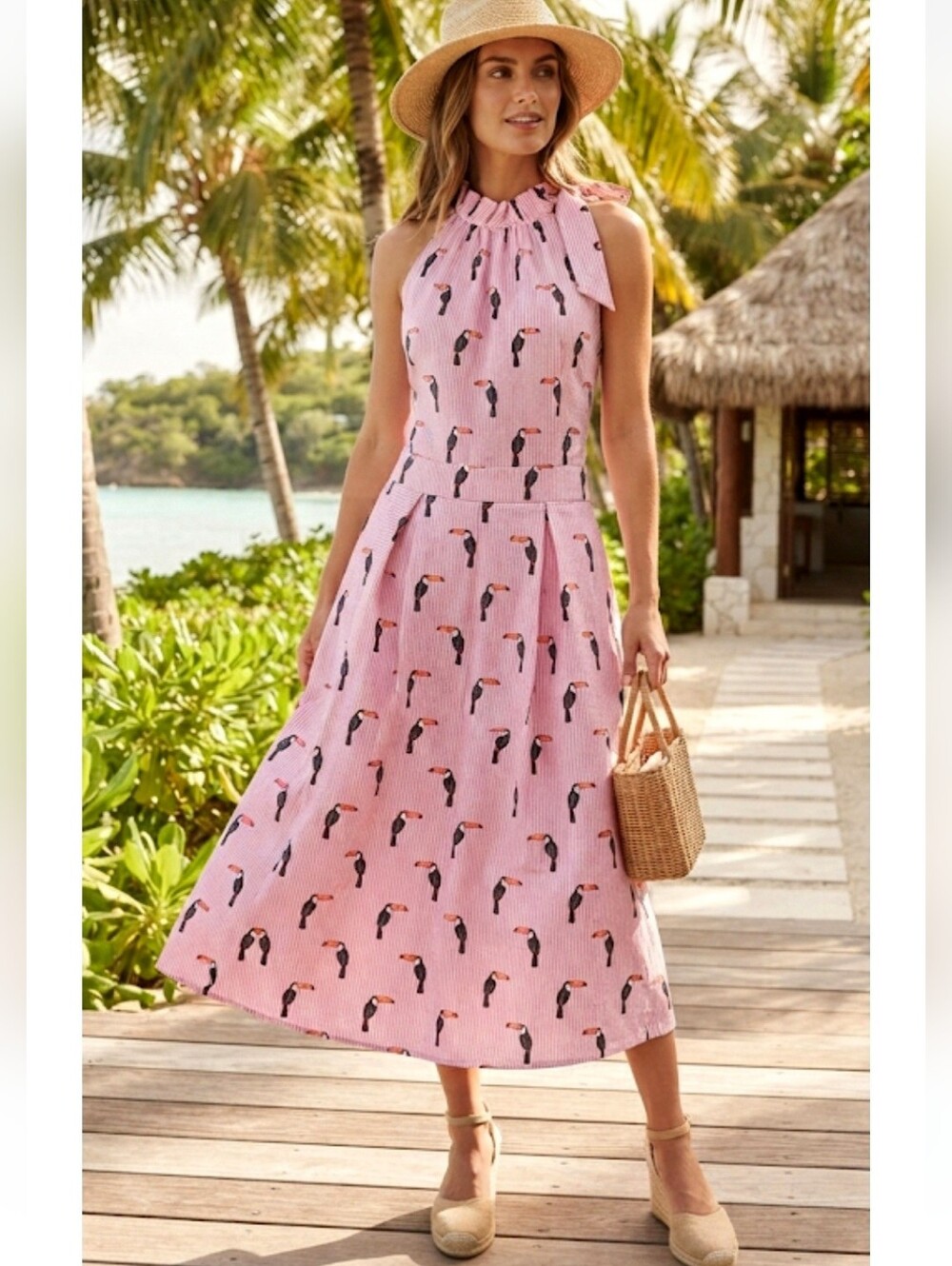 Lungo L'Arno Pink Pinstripe Toucan Print Halter Midi Dress Size Small